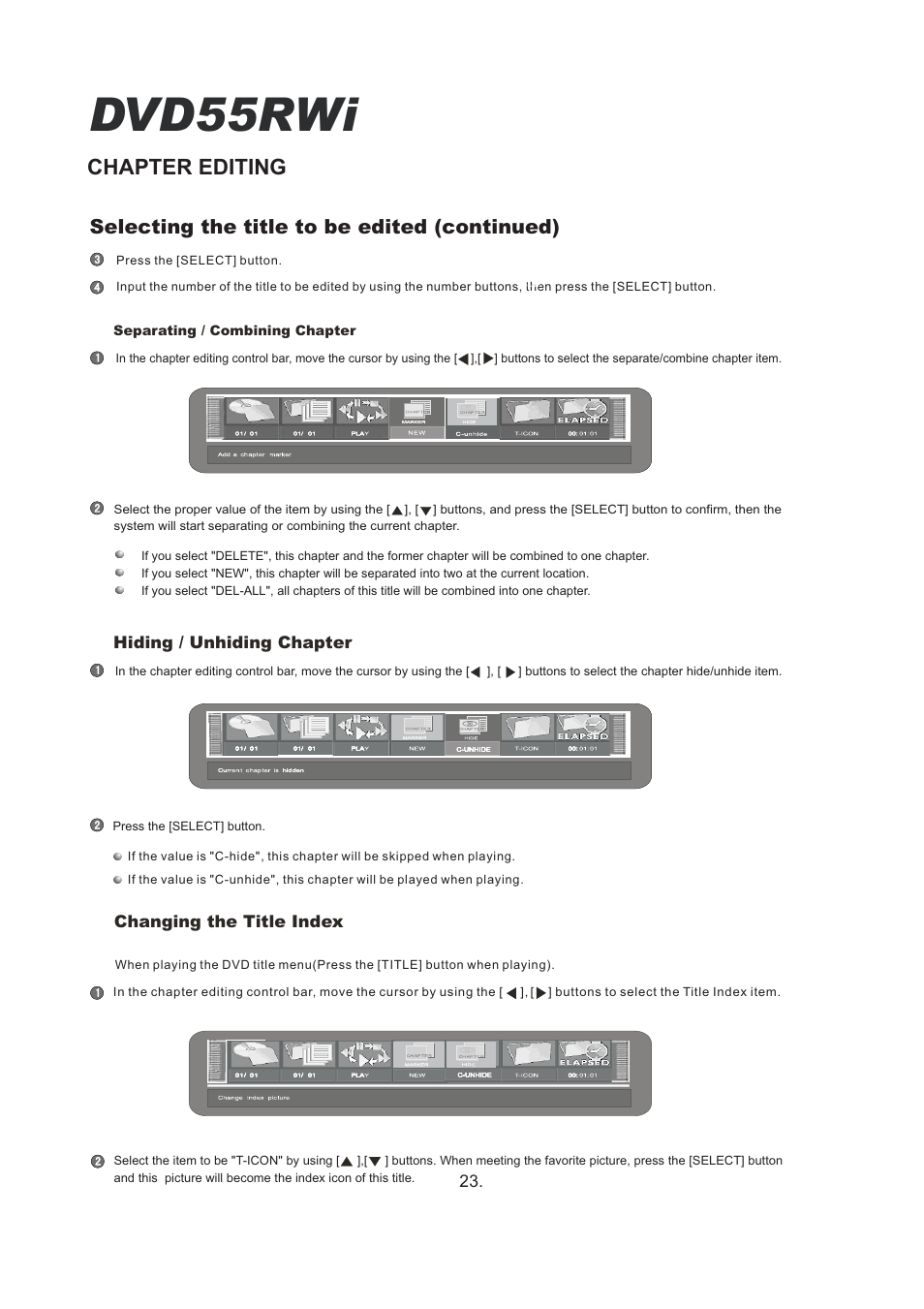 Dvd55rwi, Chapter editing, Selecting the title to be edited (continued) | Hiding / unhiding chapter, Changing the title index | Cambridge Audio DVD55RWi User Manual | Page 25 / 56