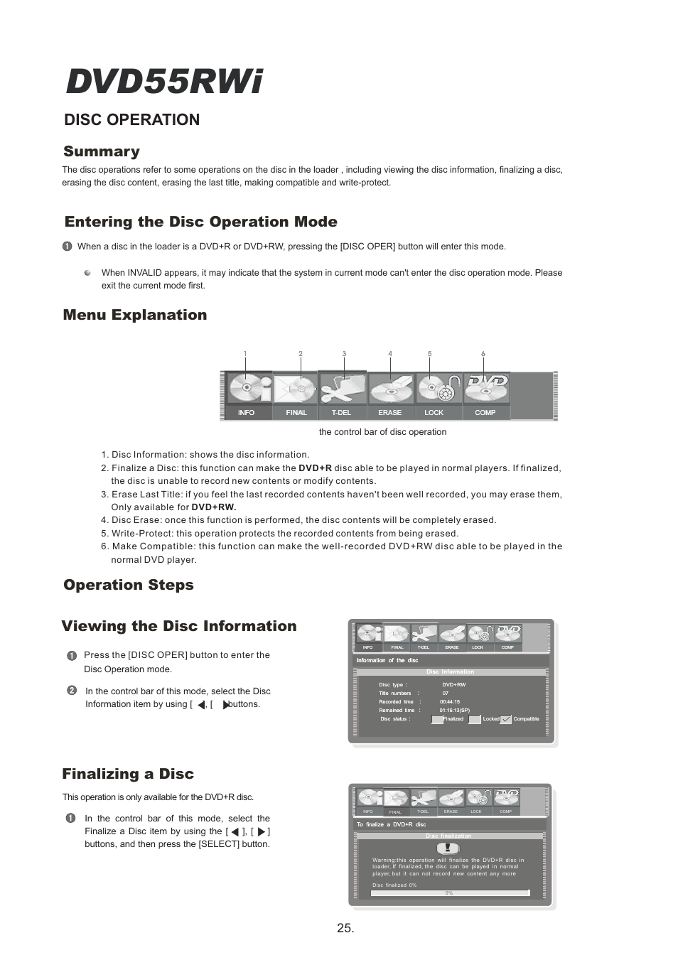 Dvd55rwi, Disc operation, Operation steps viewing the disc information | Finalizing a disc | Cambridge Audio DVD55RWi User Manual | Page 27 / 56