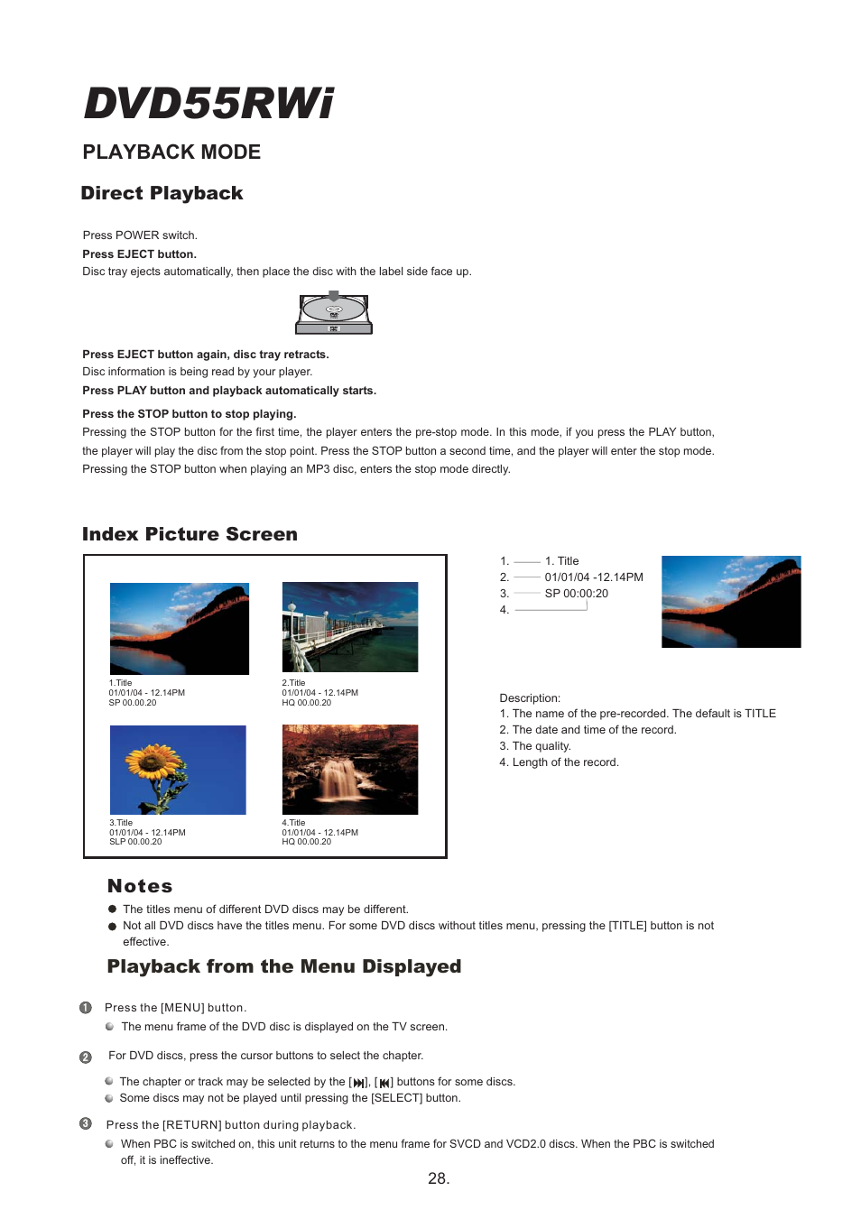 Dvd55rwi, Playback mode, Playback from the menu displayed | Index picture screen | Cambridge Audio DVD55RWi User Manual | Page 30 / 56