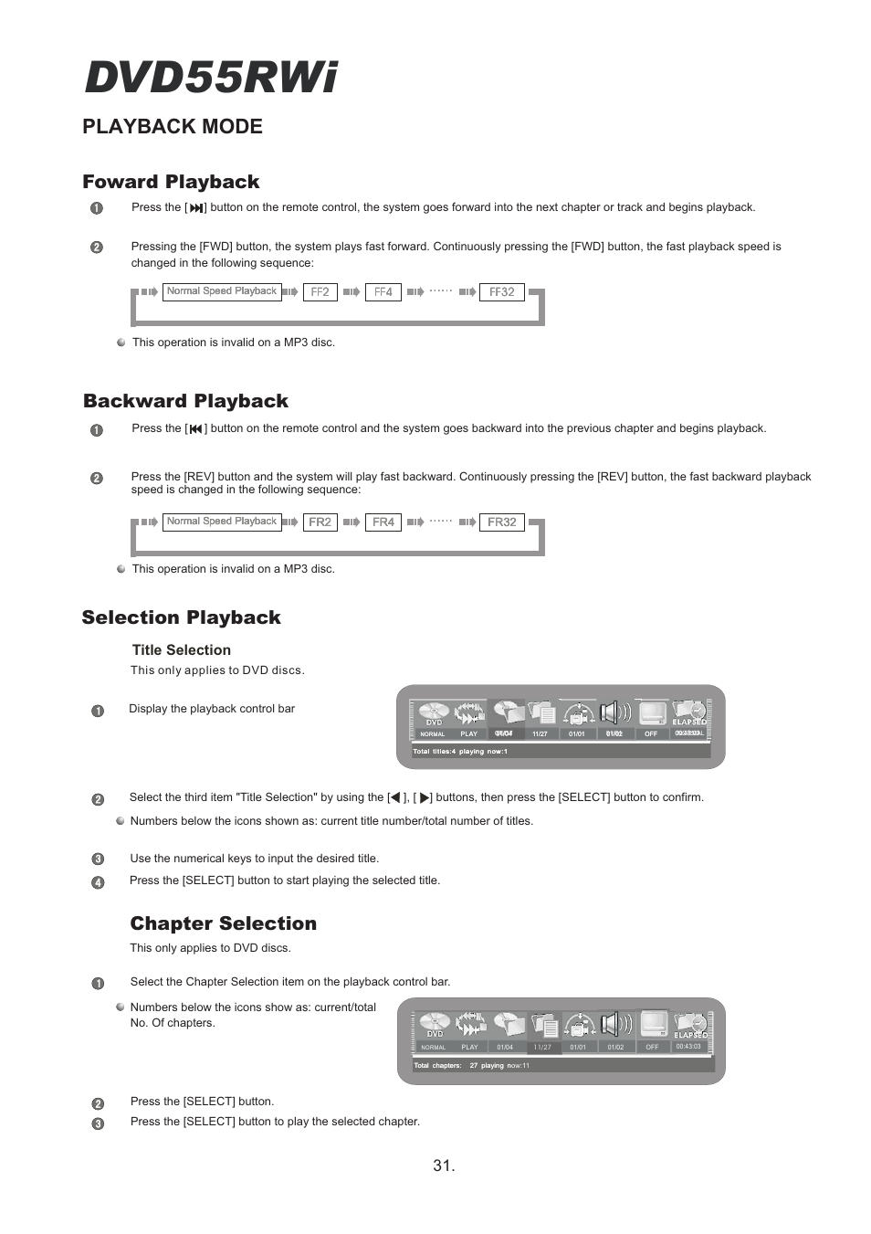 Dvd55rwi, Playback mode, Backward playback | Foward playback, Selection playback, Chapter selection, Title selection | Cambridge Audio DVD55RWi User Manual | Page 33 / 56