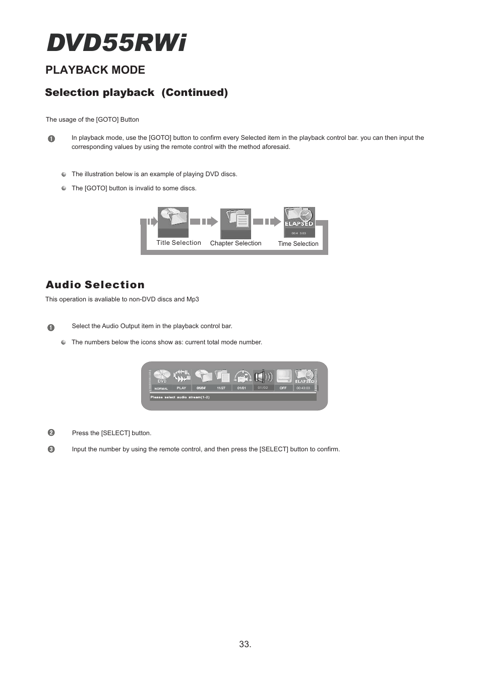 Dvd55rwi, Playback mode, Audio selection selection playback (continued) | Cambridge Audio DVD55RWi User Manual | Page 35 / 56