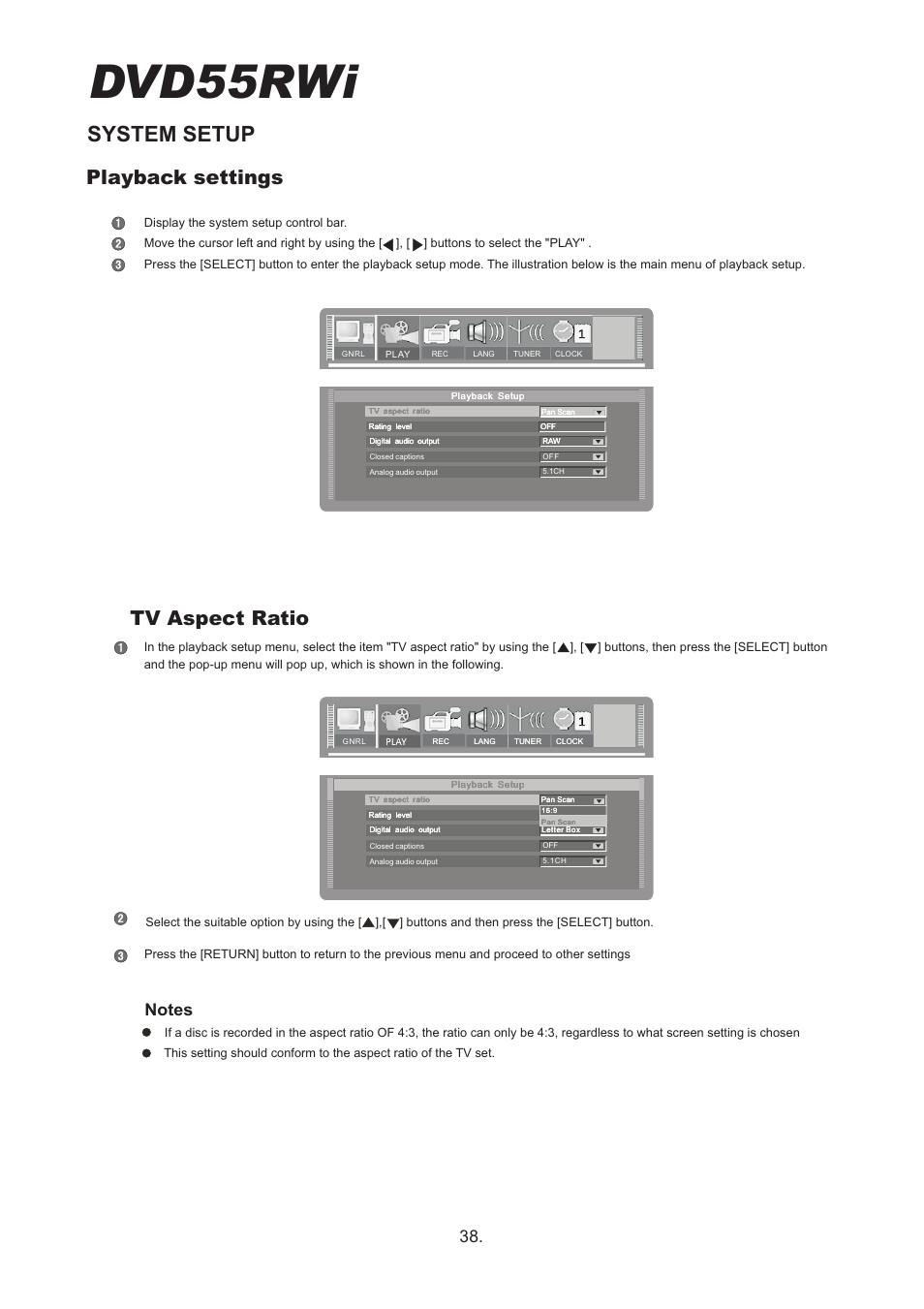 Dvd55rwi, System setup, Playback settings | Tv aspect ratio | Cambridge Audio DVD55RWi User Manual | Page 40 / 56