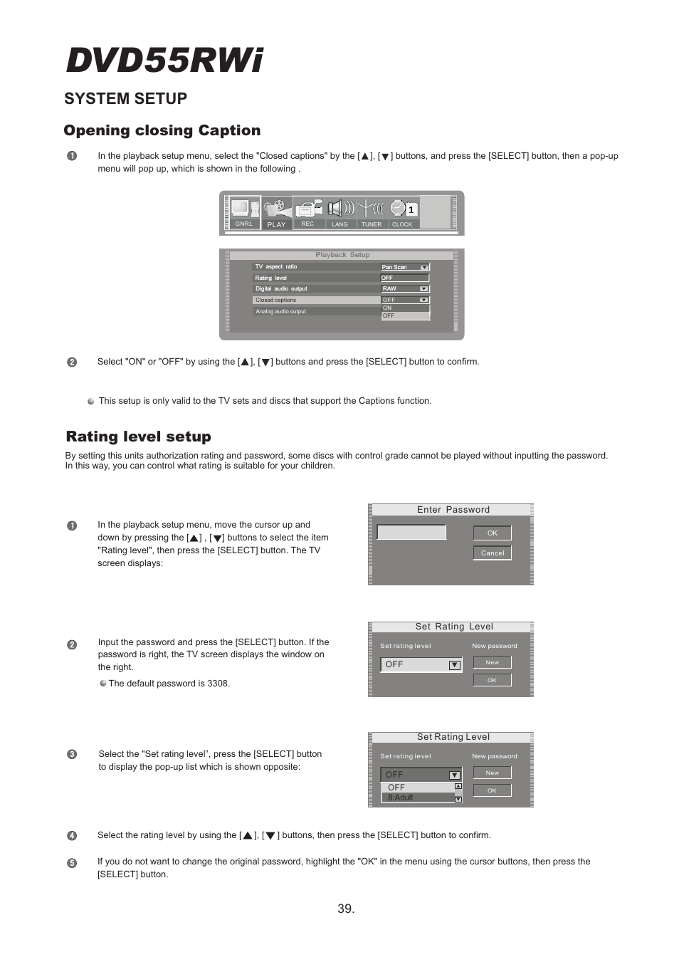 Dvd55rwi, System setup, Opening closing caption | Rating level setup | Cambridge Audio DVD55RWi User Manual | Page 41 / 56