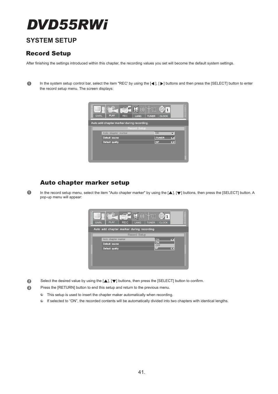 Dvd55rwi, System setup, Record setup | Auto chapter marker setup | Cambridge Audio DVD55RWi User Manual | Page 43 / 56