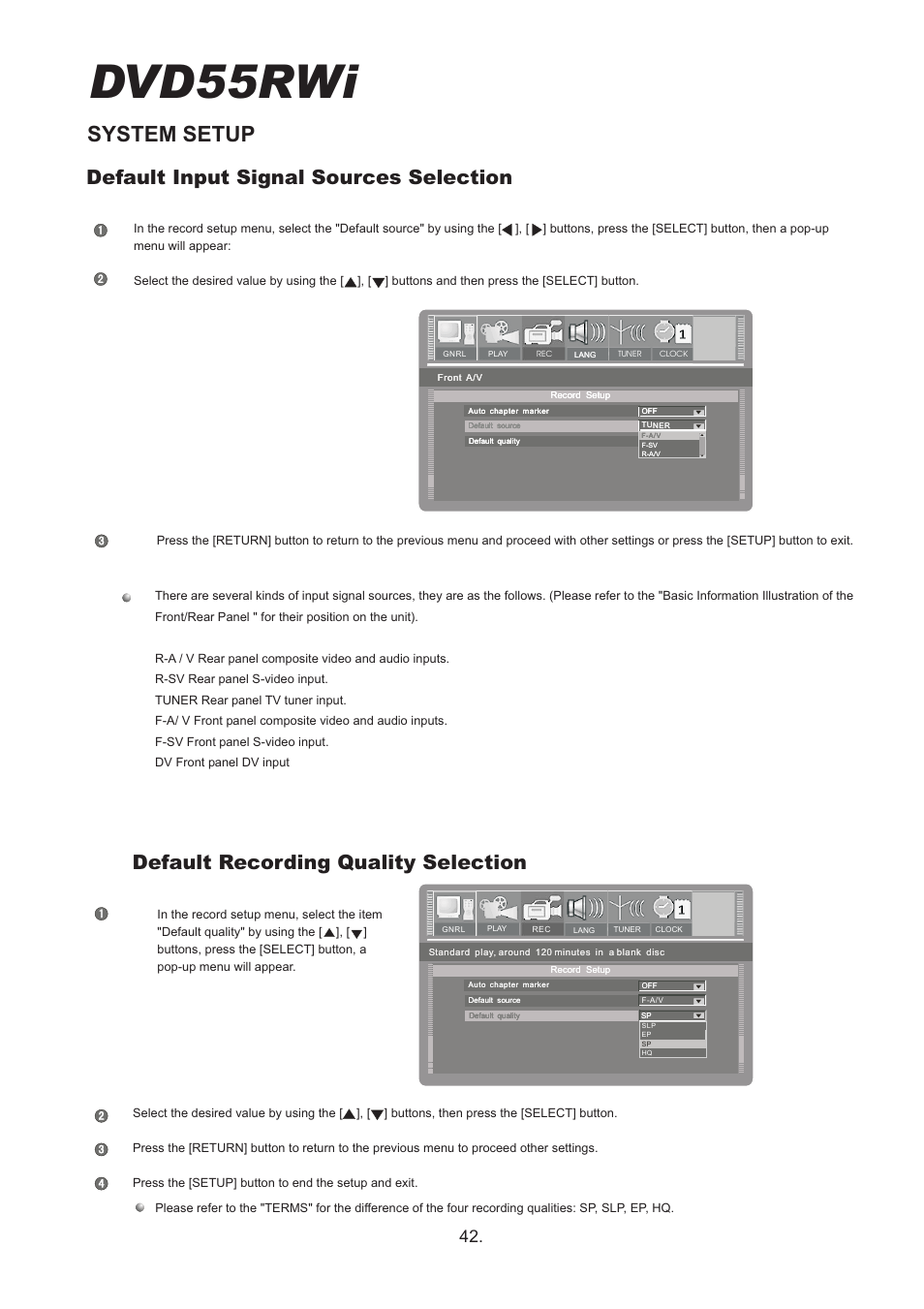 Dvd55rwi, System setup, Default input signal sources selection | Default recording quality selection | Cambridge Audio DVD55RWi User Manual | Page 44 / 56