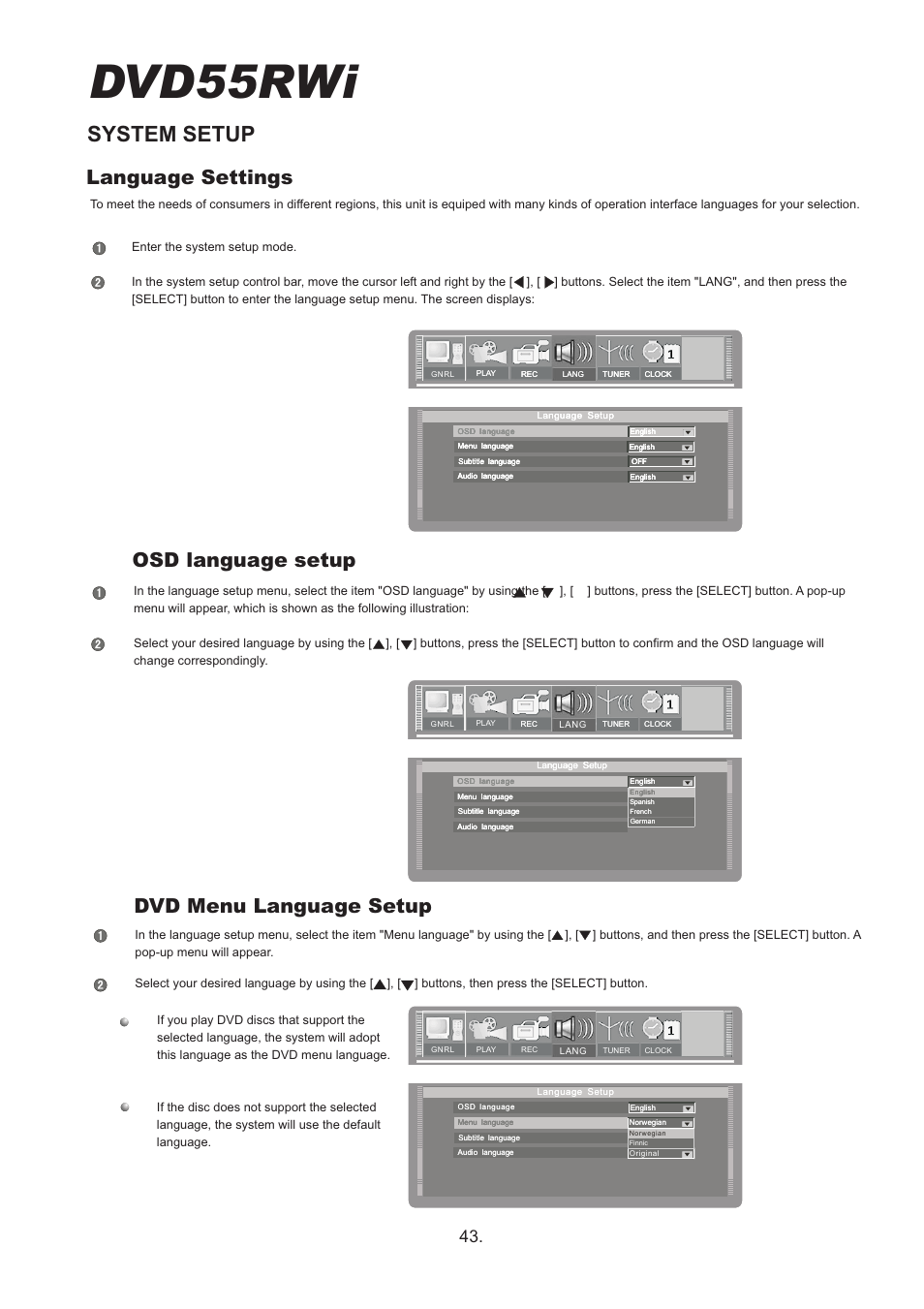 Dvd55rwi, System setup, Language settings | Osd language setup dvd menu language setup | Cambridge Audio DVD55RWi User Manual | Page 45 / 56