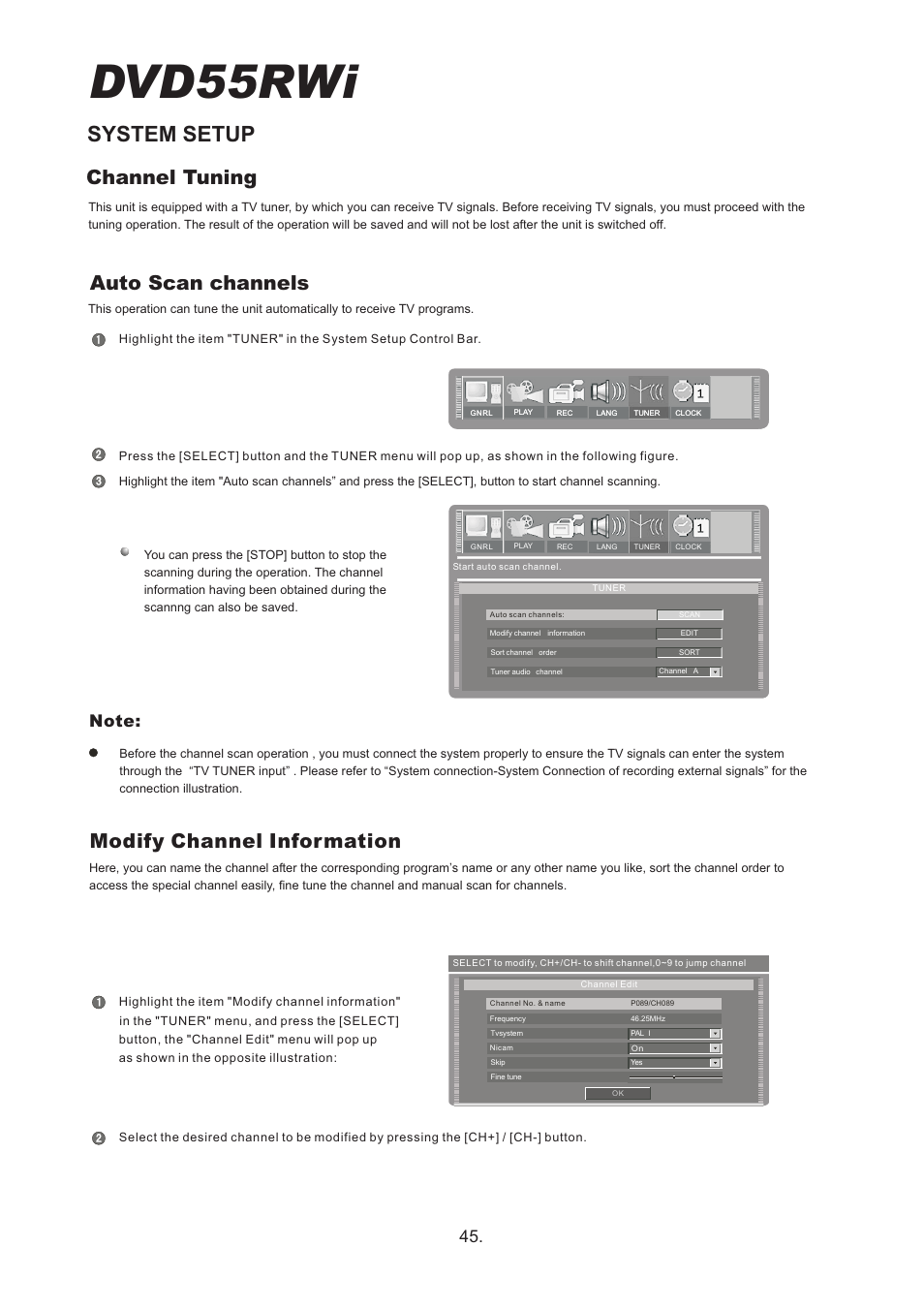 Dvd55rwi, System setup, Modify channel information | Auto scan channels channel tuning | Cambridge Audio DVD55RWi User Manual | Page 47 / 56