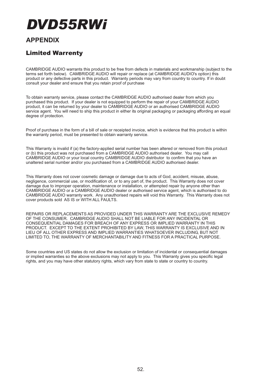 Dvd55rwi | Cambridge Audio DVD55RWi User Manual | Page 54 / 56