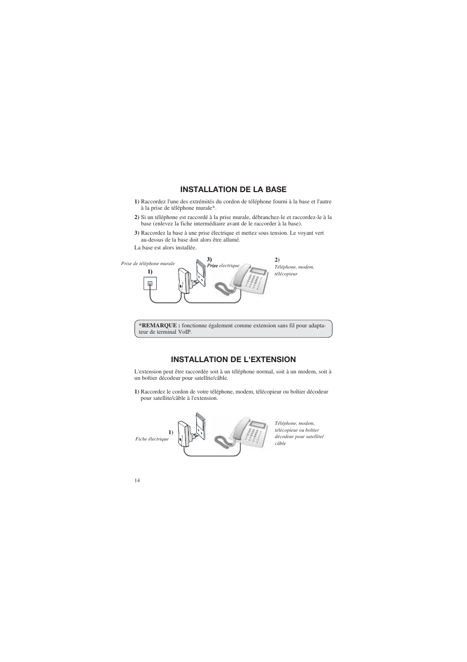 Installation de la base, Installation de l'extension | AUDIOLINE DECT Air-Line 50 User Manual | Page 14 / 92