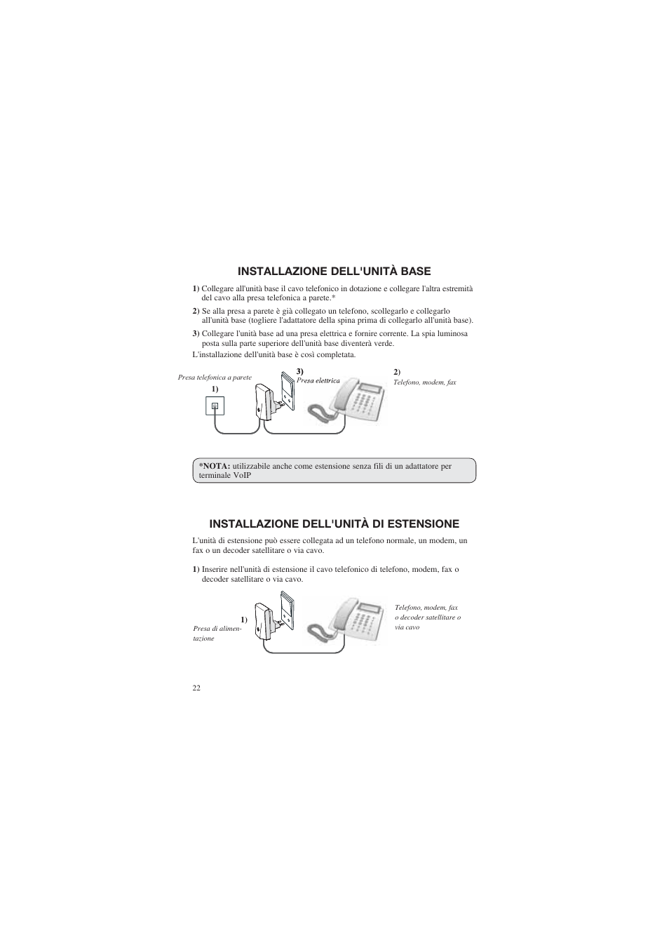 Installazione dell'unità base, Installazione dell'unità di estensione | AUDIOLINE DECT Air-Line 50 User Manual | Page 22 / 92