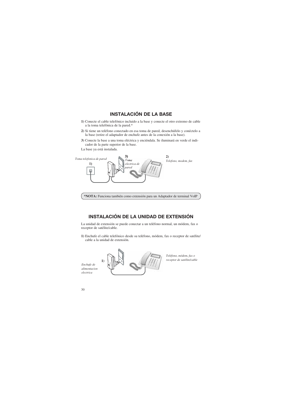 Instalación de la base, Instalación de la unidad de extensión | AUDIOLINE DECT Air-Line 50 User Manual | Page 30 / 92