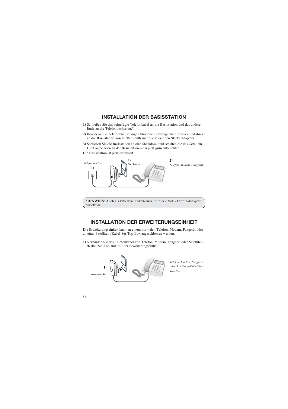 Installation der basisstation, Installation der erweiterungseinheit | AUDIOLINE DECT Air-Line 50 User Manual | Page 54 / 92