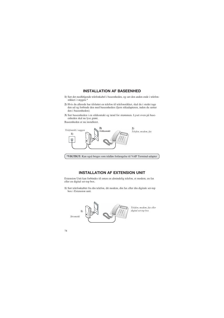 Installation af baseenhed, Installation af extension unit | AUDIOLINE DECT Air-Line 50 User Manual | Page 78 / 92