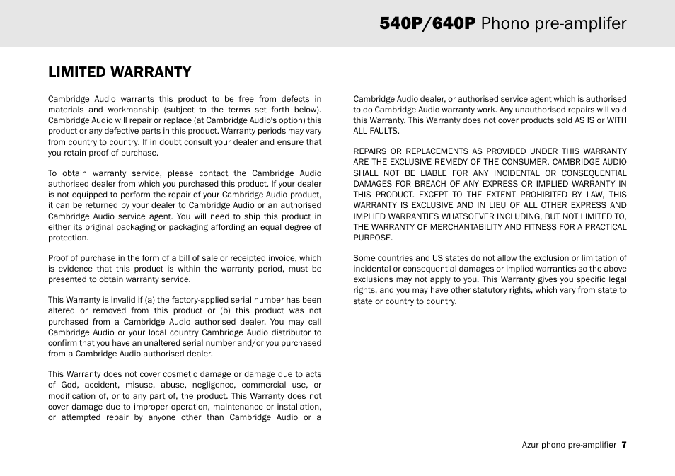 Limited warranty | Cambridge Audio Azur 540P User Manual | Page 7 / 8