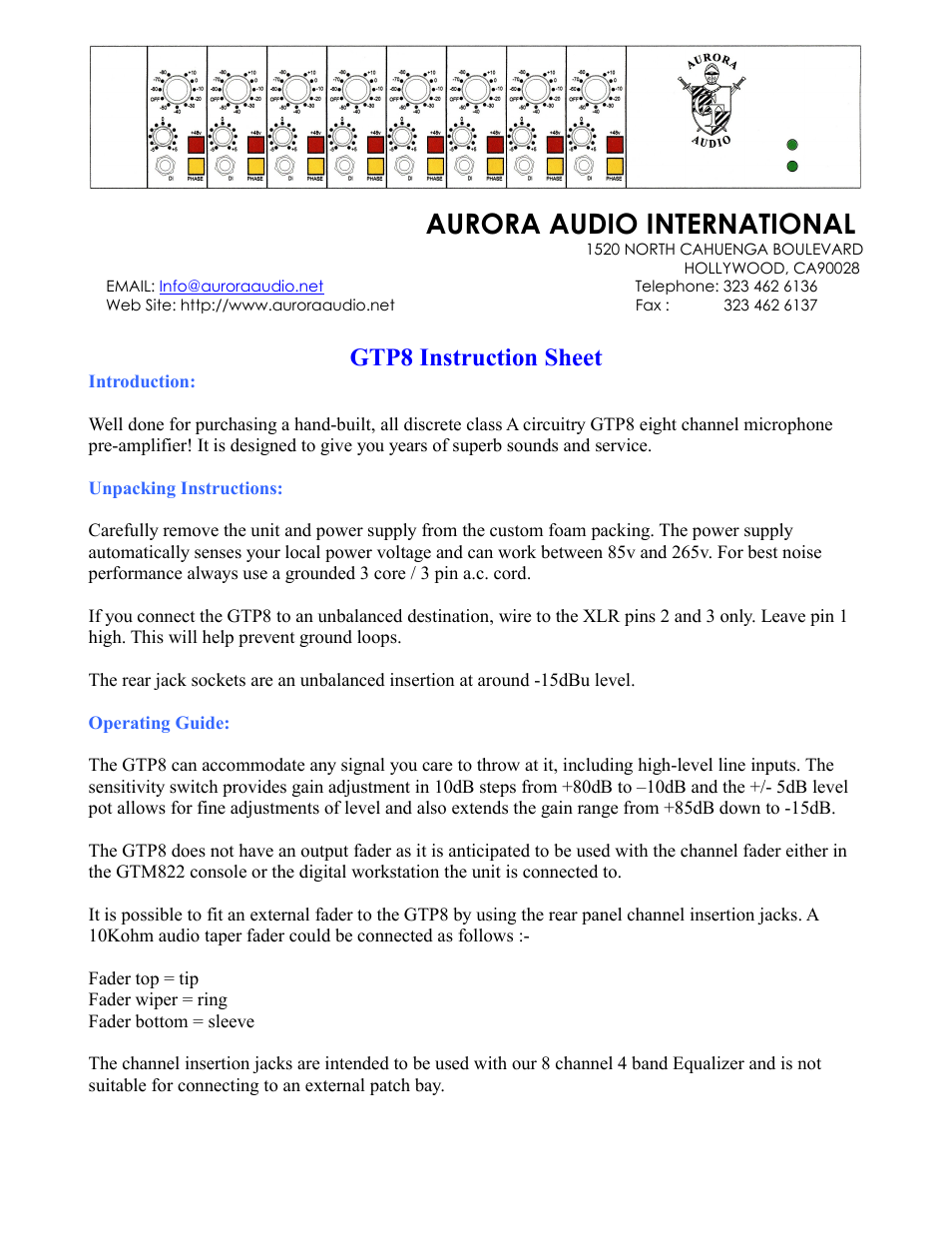 Aurora Audio GTP8 User Manual | 3 pages