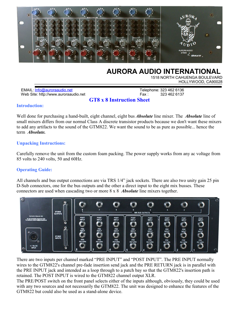 Aurora Audio GT8x8 Absolute User Manual | 2 pages