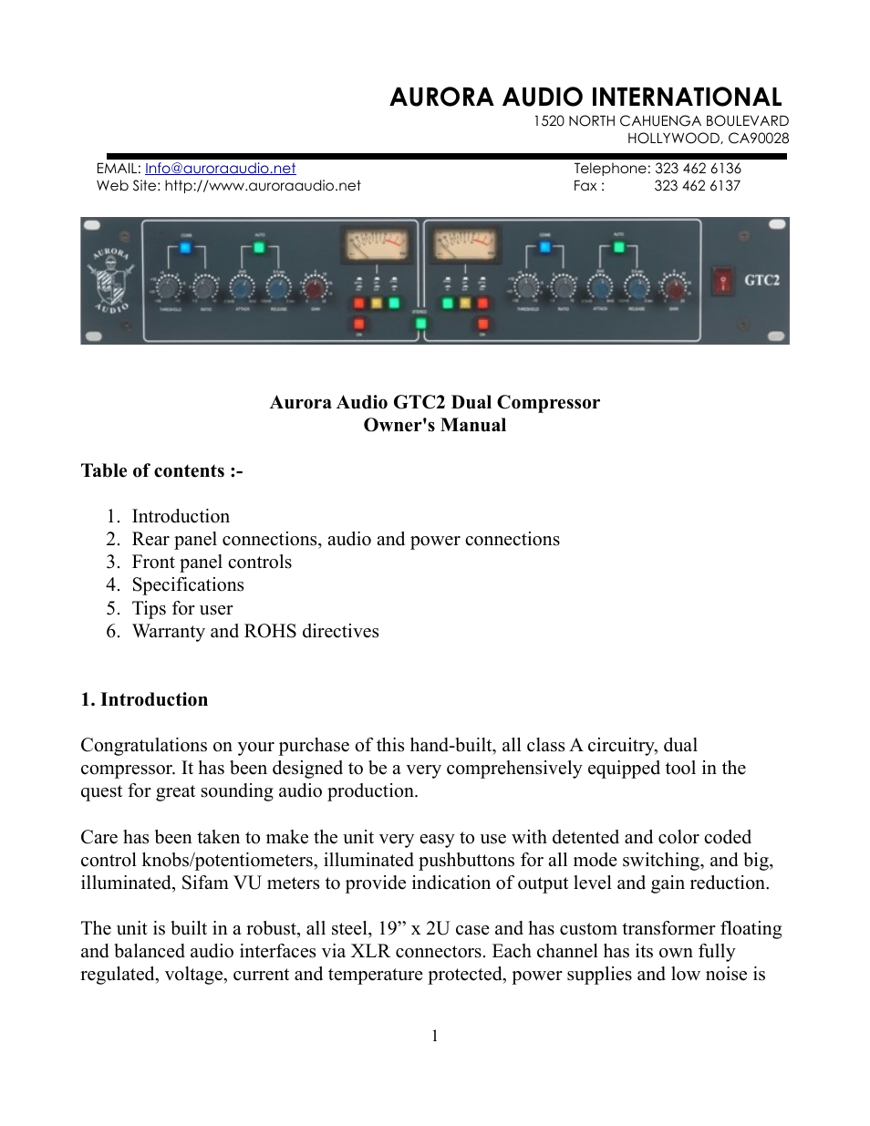 Aurora Audio GTC2 User Manual | 8 pages