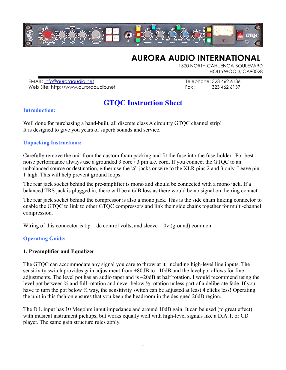 Aurora Audio GTQC User Manual | 8 pages
