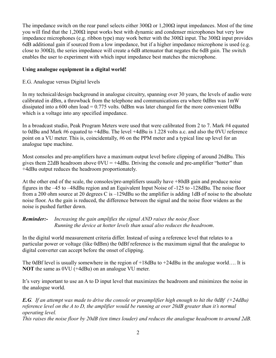 Using analogue equipment in a digital world, E.g. analogue versus digital levels | Aurora Audio GTQC User Manual | Page 2 / 8