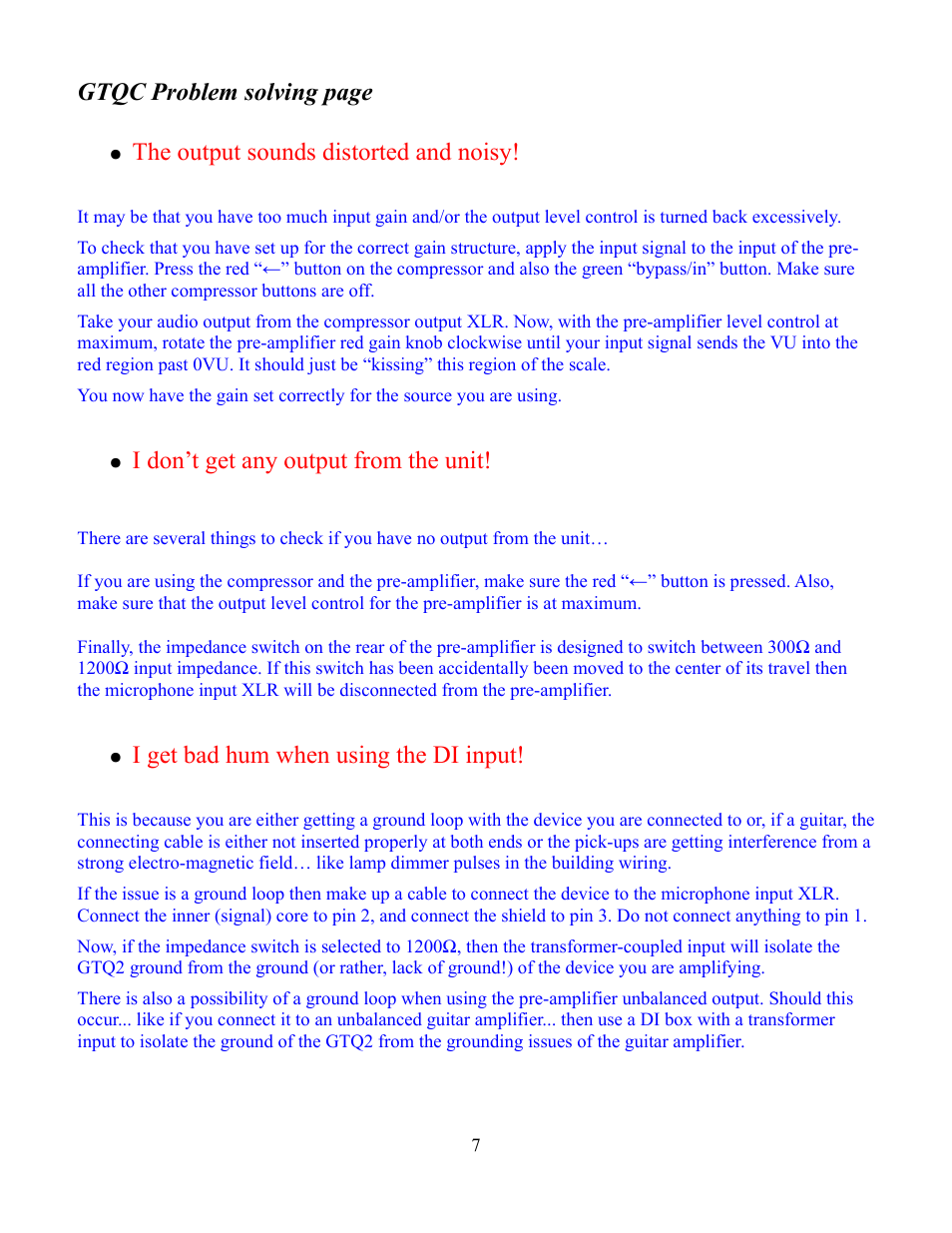 Gtqc problem solving page, The output sounds distorted and noisy, I don’t get any output from the unit | I get bad hum when using the di input | Aurora Audio GTQC User Manual | Page 7 / 8