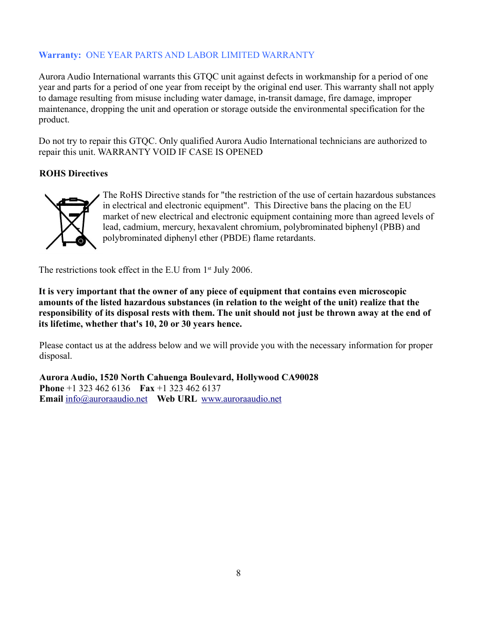 Aurora Audio GTQC User Manual | Page 8 / 8
