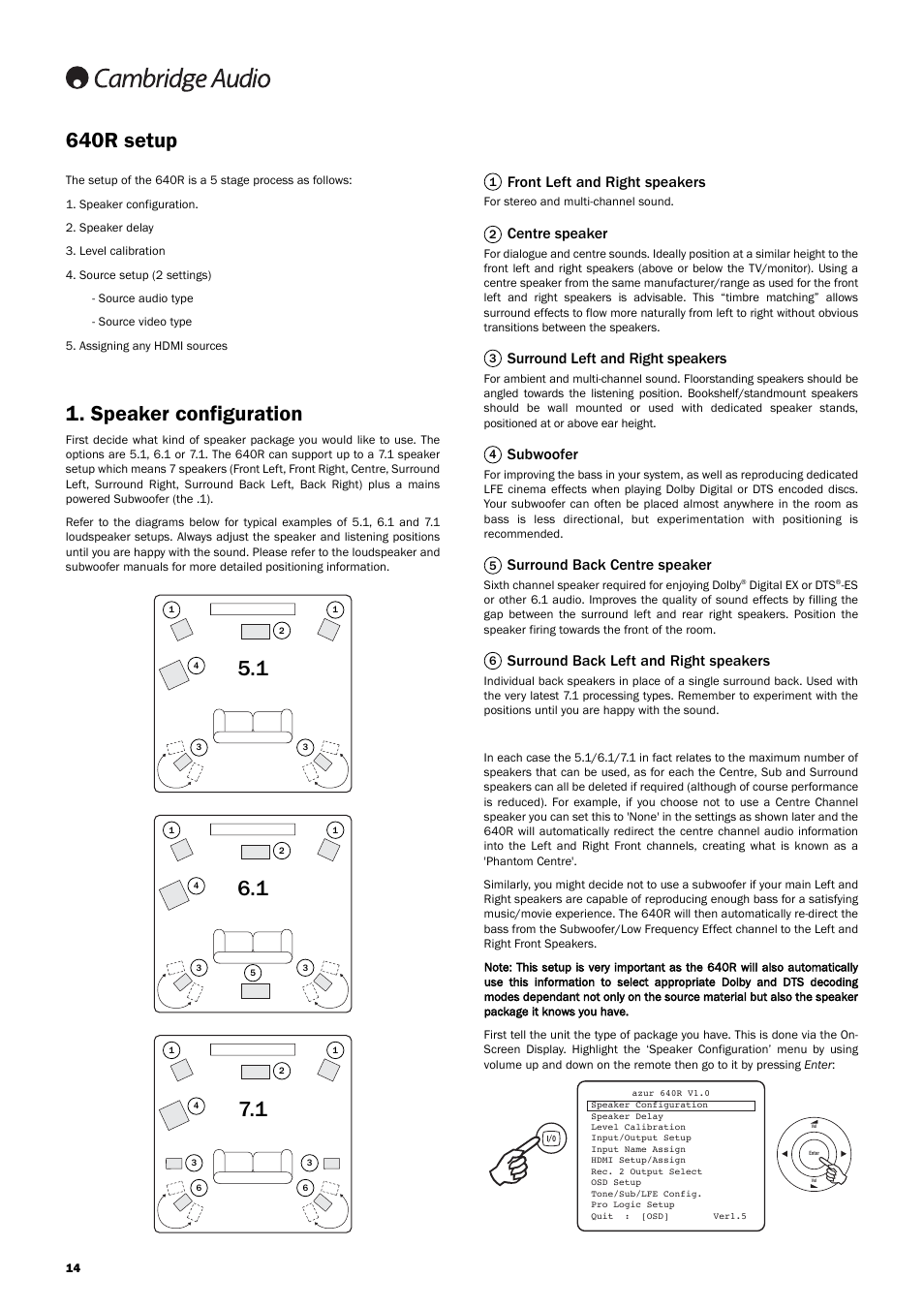 640r setup, Speaker configuration, Front left and right speakers | Centre speaker, Surround left and right speakers, Subwoofer, Surround back centre speaker, Surround back left and right speakers | Cambridge Audio 640R Azur User Manual | Page 14 / 30