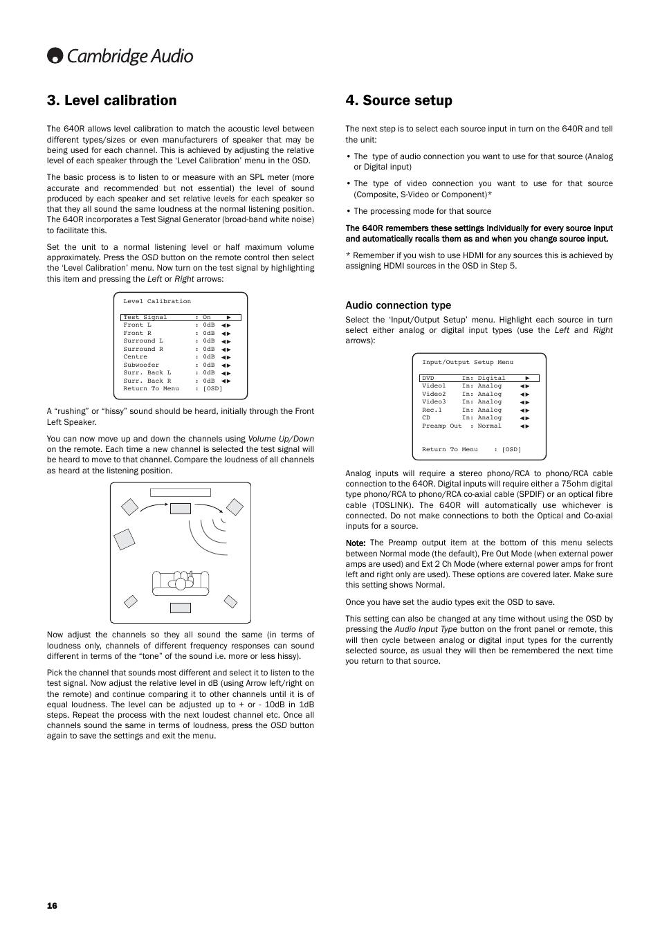 Level calibration, Source setup, Audio connection type | Cambridge Audio 640R Azur User Manual | Page 16 / 30