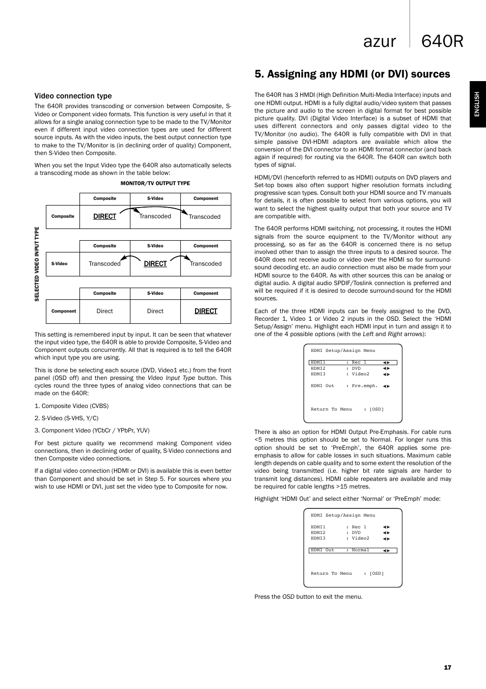 640r azur, Assigning any hdmi (or dvi) sources, Video connection type | Cambridge Audio 640R Azur User Manual | Page 17 / 30