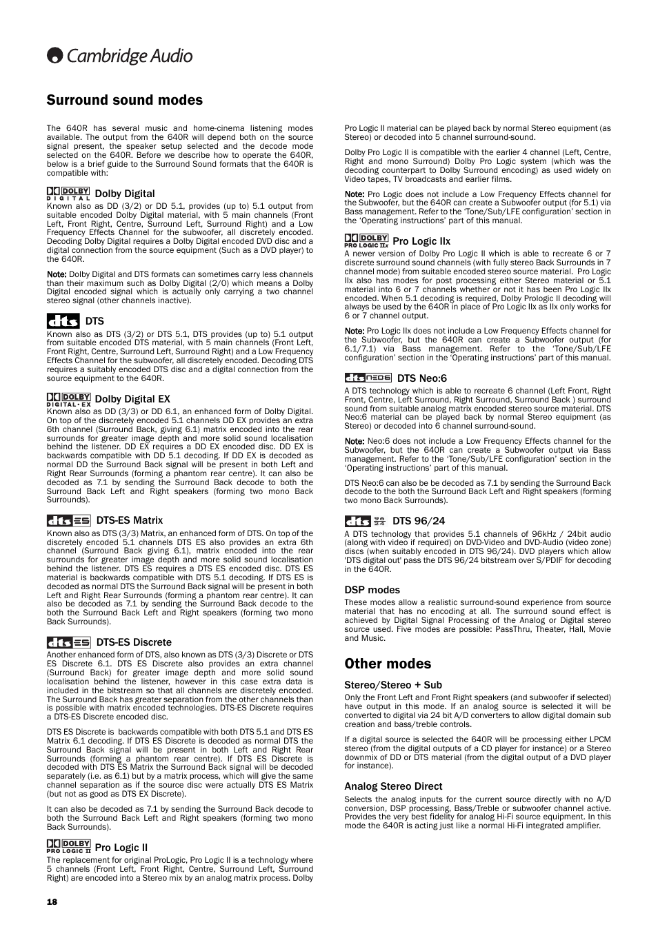 Surround sound modes other modes, Pro logic iix, Dts neo:6 | Dts 96/24, Dsp modes, Stereo/stereo + sub, Analog stereo direct, Dolby digital, Dolby digital ex, Dts-es matrix | Cambridge Audio 640R Azur User Manual | Page 18 / 30