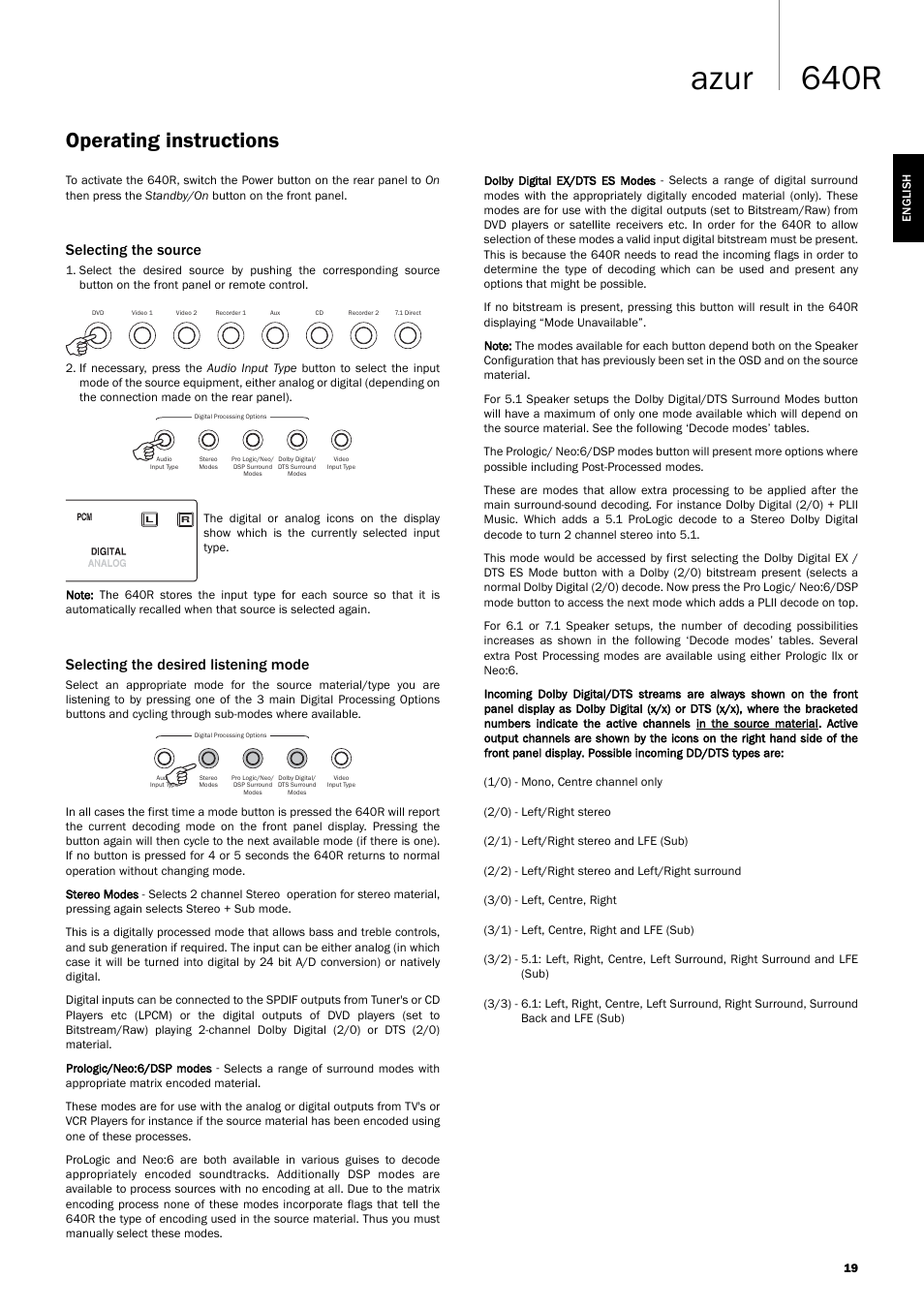 640r azur, Operating instructions, Selecting the source | Selecting the desired listening mode | Cambridge Audio 640R Azur User Manual | Page 19 / 30