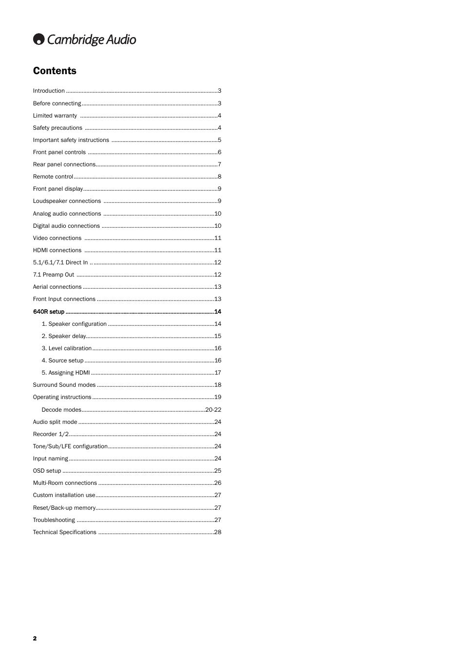 Cambridge Audio 640R Azur User Manual | Page 2 / 30