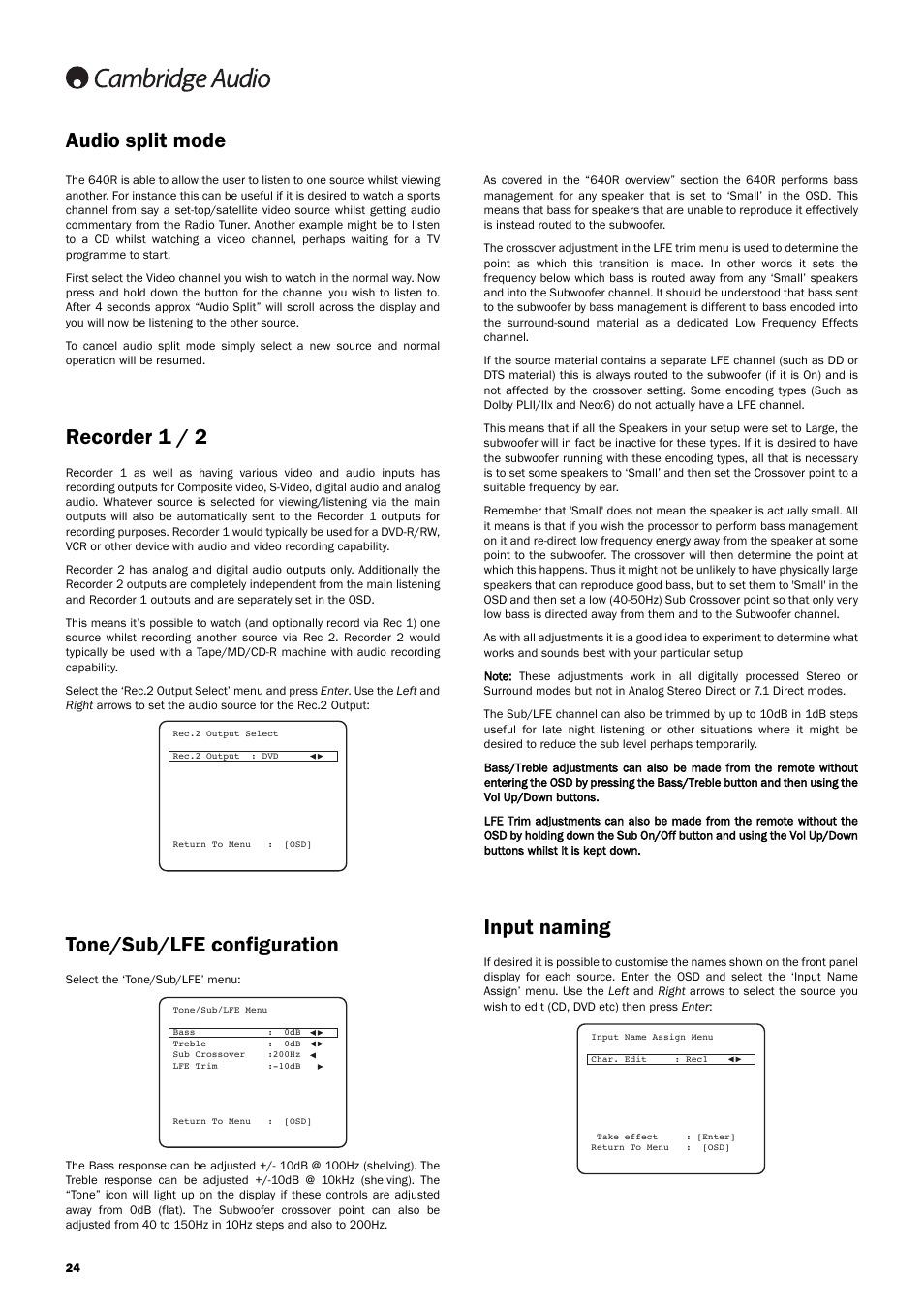 Input naming, Recorder 1 / 2, Tone/sub/lfe configuration | Audio split mode | Cambridge Audio 640R Azur User Manual | Page 24 / 30