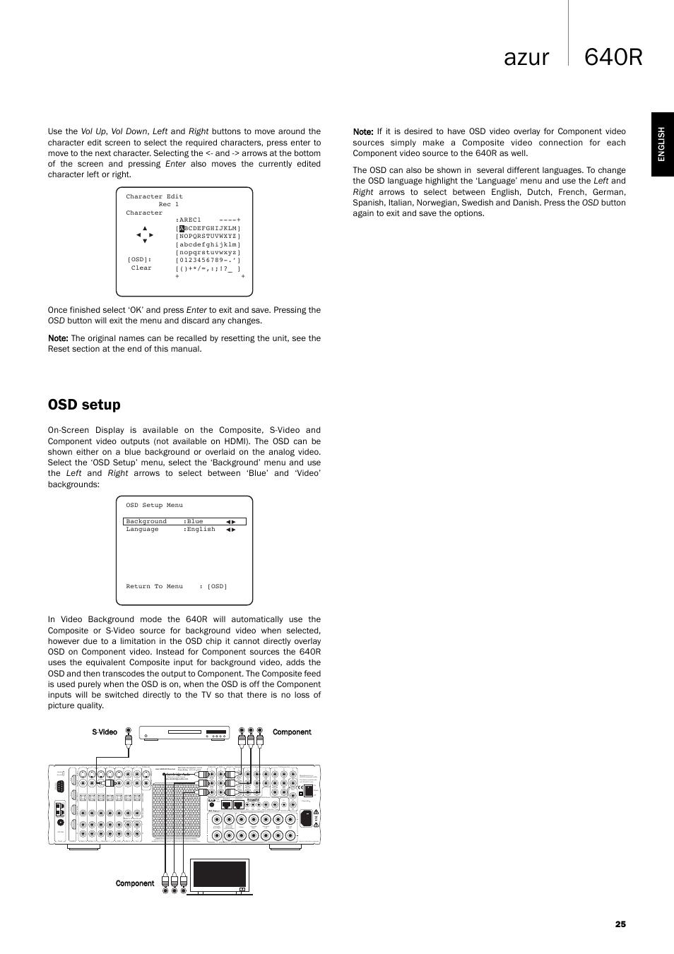 640r azur, Osd setup, Serial no. label fitted on underside | Use approved psu only, 25 english | Cambridge Audio 640R Azur User Manual | Page 25 / 30