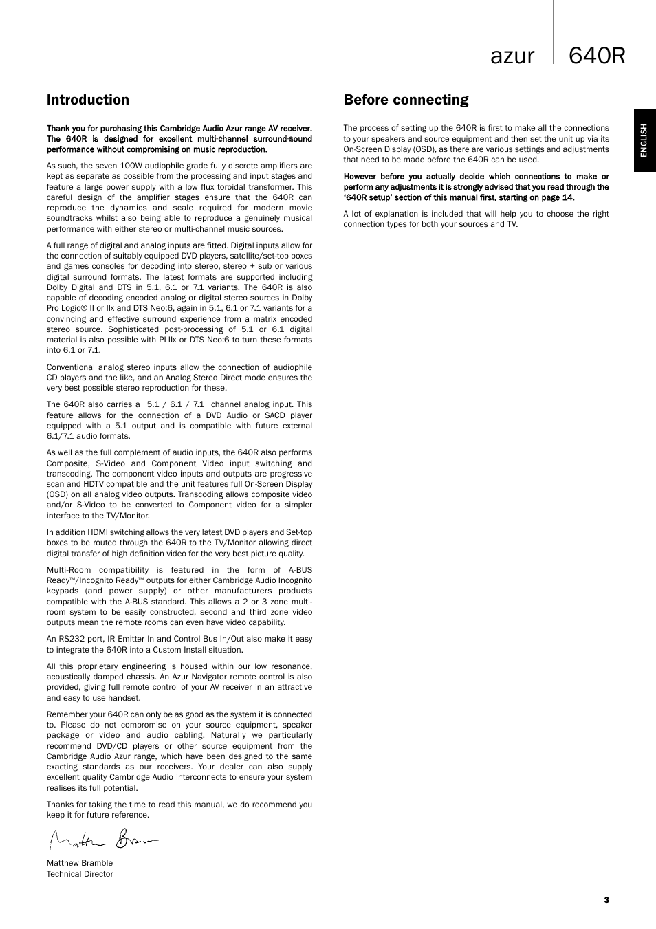 640r azur, Introduction, Before connecting | Cambridge Audio 640R Azur User Manual | Page 3 / 30