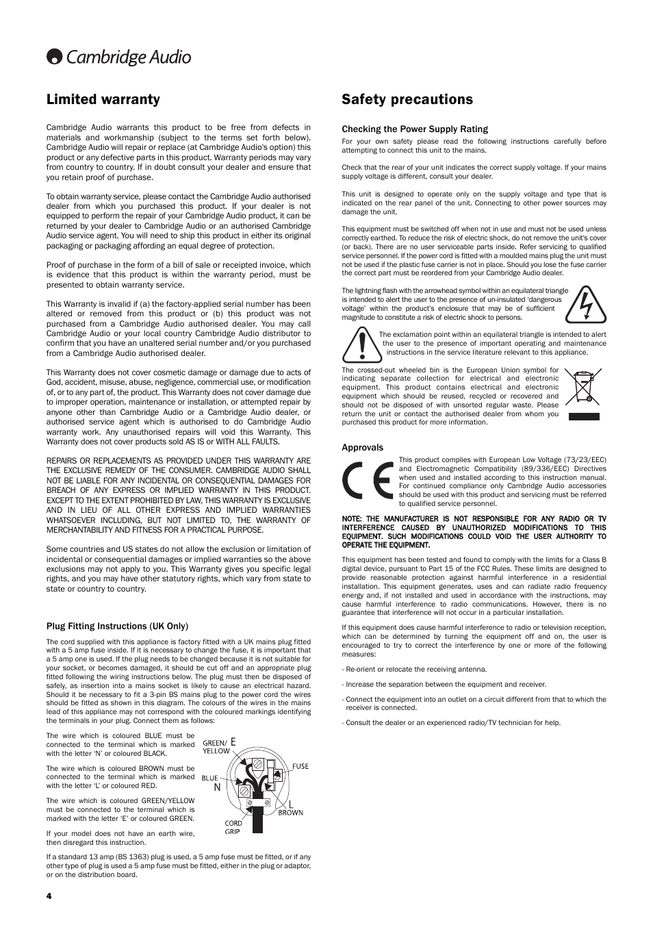 Safety precautions limited warranty | Cambridge Audio 640R Azur User Manual | Page 4 / 30