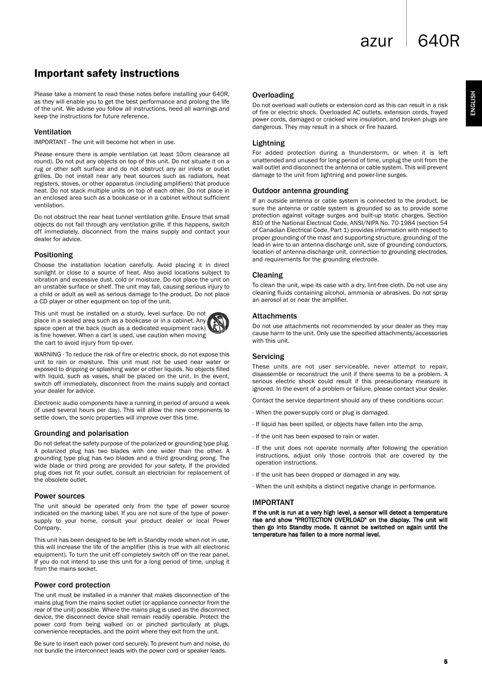 640r azur, Important safety instructions | Cambridge Audio 640R Azur User Manual | Page 5 / 30