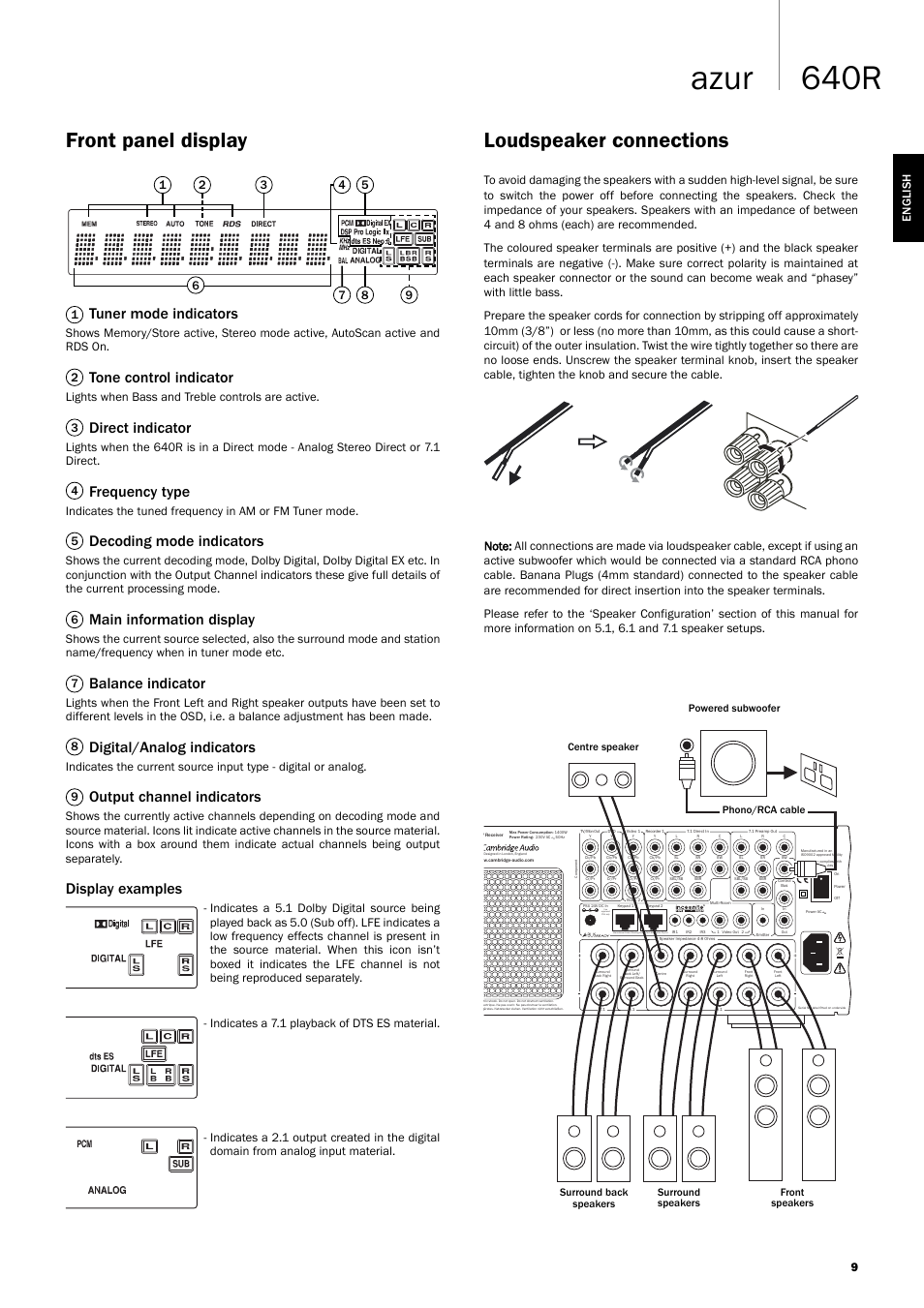 640r azur, Front panel display, Loudspeaker connections | Tuner mode indicators, Tone control indicator, Direct indicator, Frequency type, Decoding mode indicators, Main information display, Balance indicator | Cambridge Audio 640R Azur User Manual | Page 9 / 30
