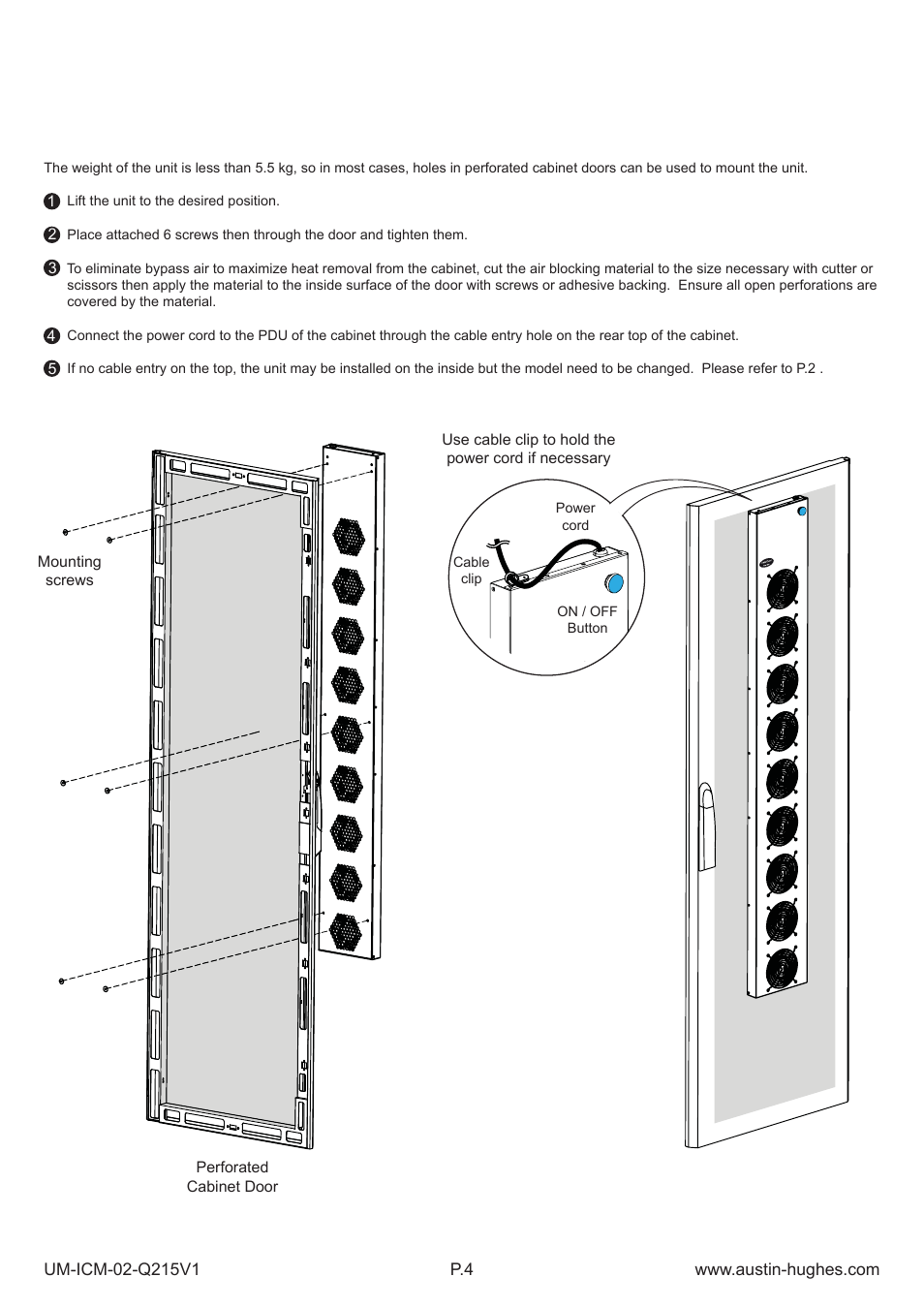 Installation steps, 2 > 33u door mount fan panel | Austin Hughes Fan Unit  &  ICM-02 User Manual | Page 9 / 56