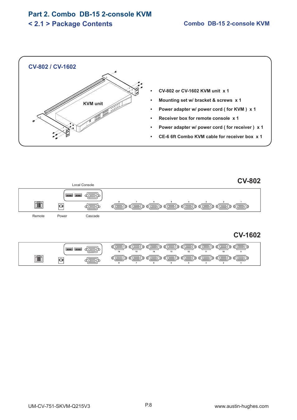 1 > package contents, Cv-802, Cv-1602 | Part 2. combo db-15 2-console kvm, Combo db-15 2-console kvm | Austin Hughes CV-S1601 User Manual | Page 13 / 28