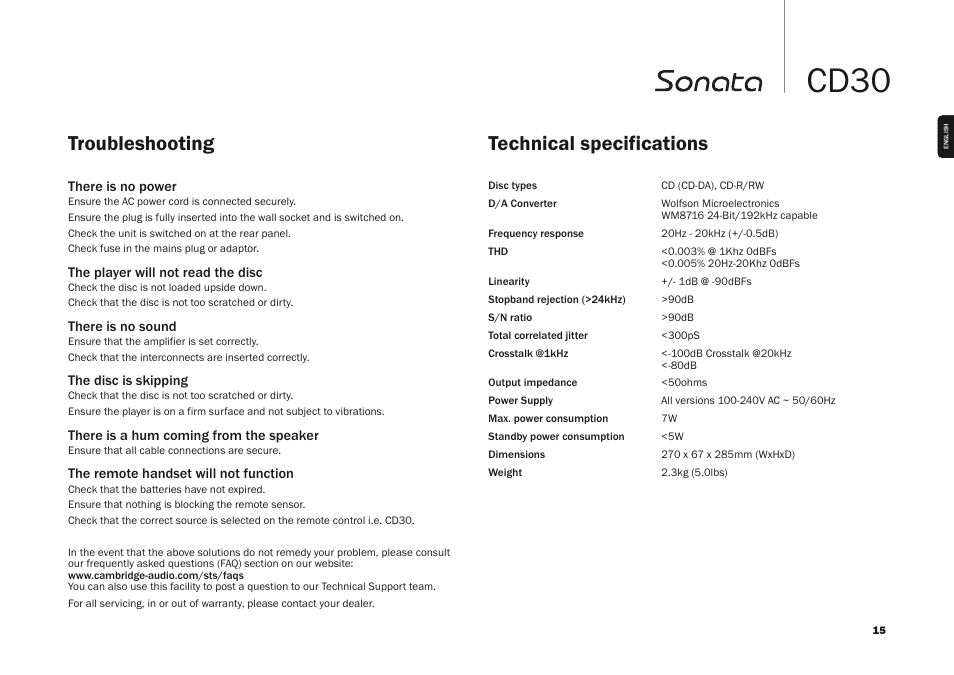 Cd30, Troubleshooting, Technical specifications | Cambridge Audio SONATA CD30 User Manual | Page 15 / 16