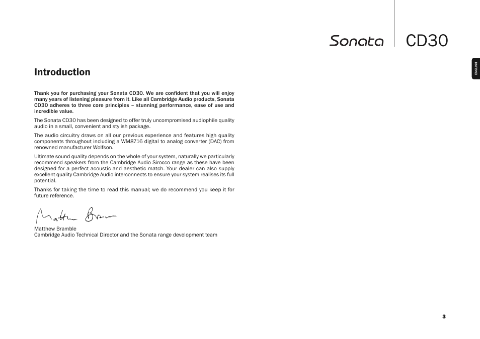 Cd30, Introduction | Cambridge Audio SONATA CD30 User Manual | Page 3 / 16