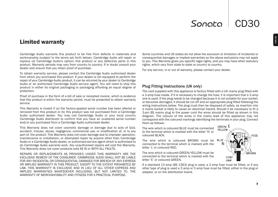 Cd30, Limited warranty | Cambridge Audio SONATA CD30 User Manual | Page 7 / 16