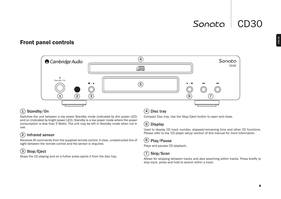 Cd30, Front panel controls | Cambridge Audio SONATA CD30 User Manual | Page 9 / 16