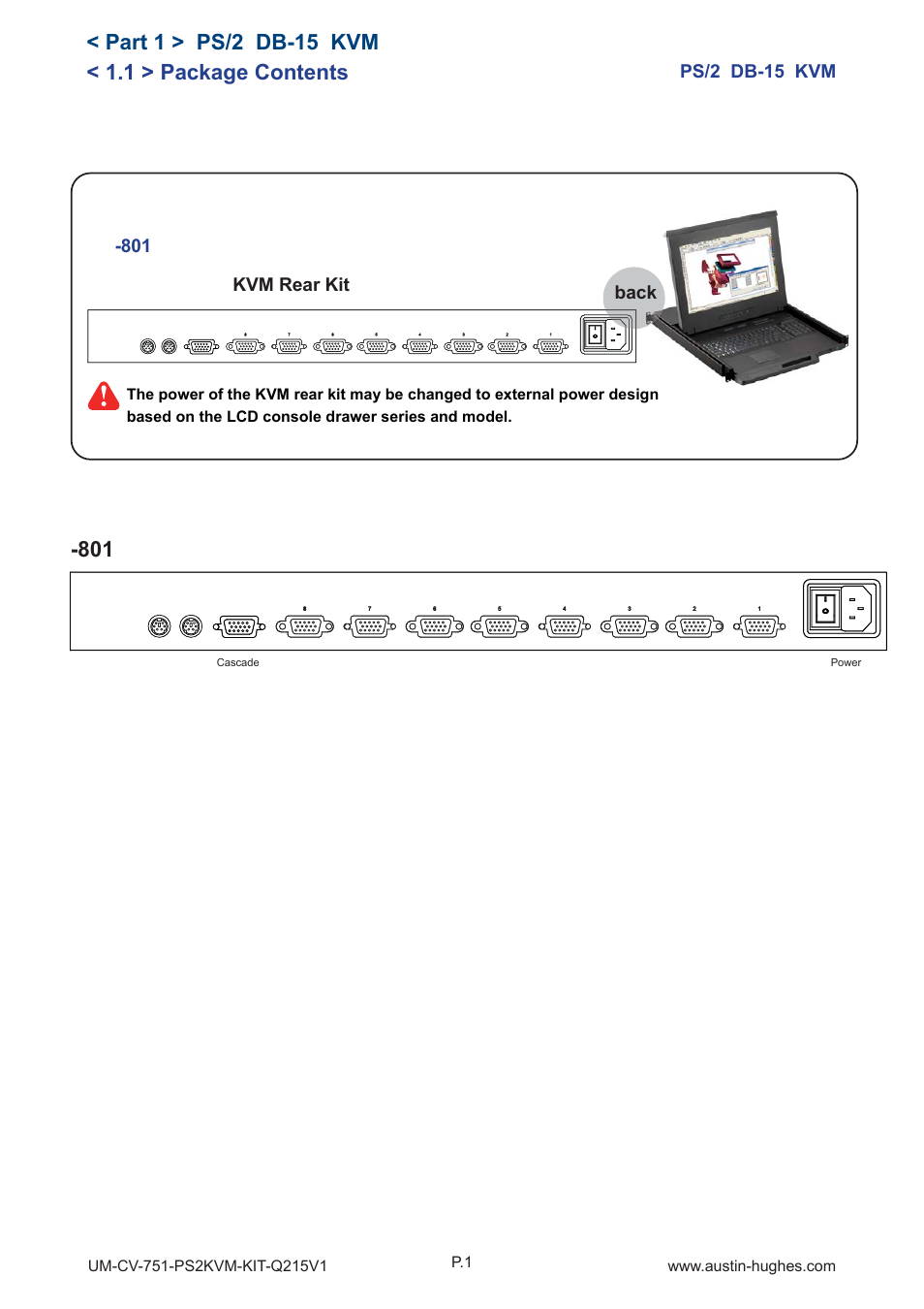 Part 1 > ps/2 db-15 kvm, 1 > package contents | Austin Hughes 801 User Manual | Page 4 / 12