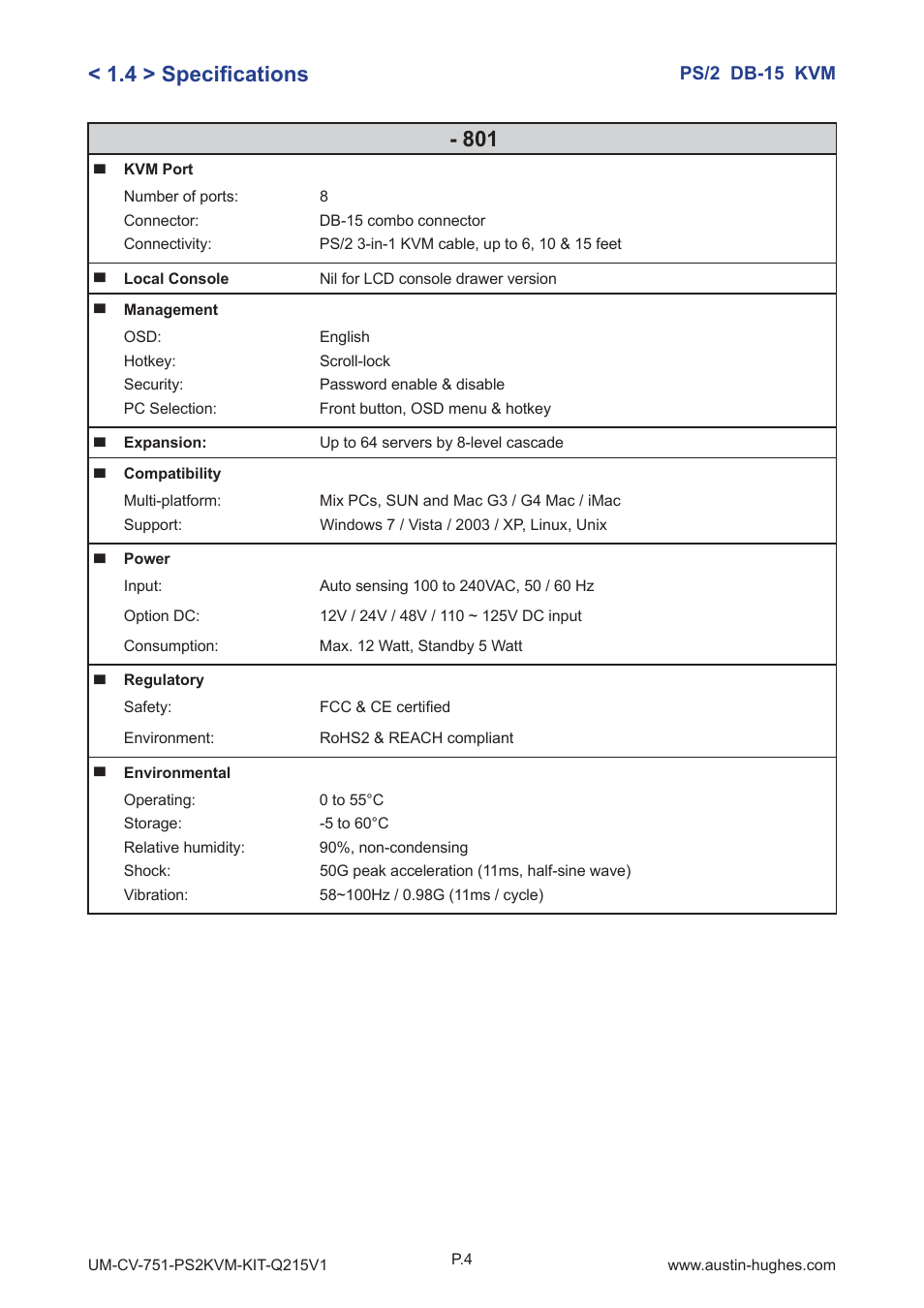 4 > specifi cations - 801 | Austin Hughes 801 User Manual | Page 7 / 12