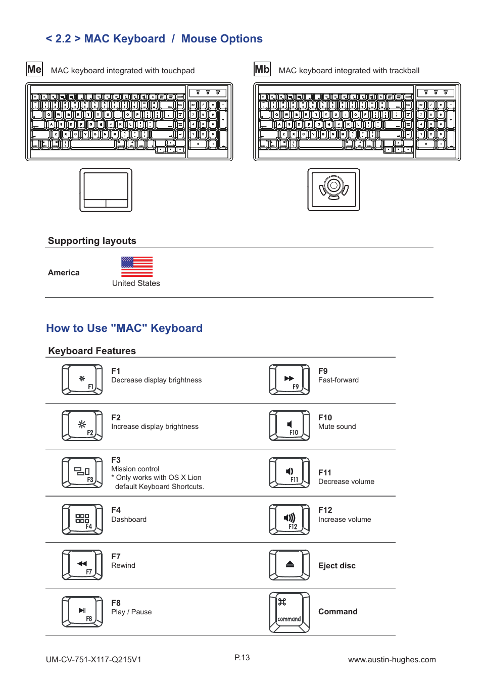 2 > mac keyboard / mouse options, How to use "mac" keyboard, Keyboard features | Supporting layouts | Austin Hughes X117 User Manual | Page 18 / 28