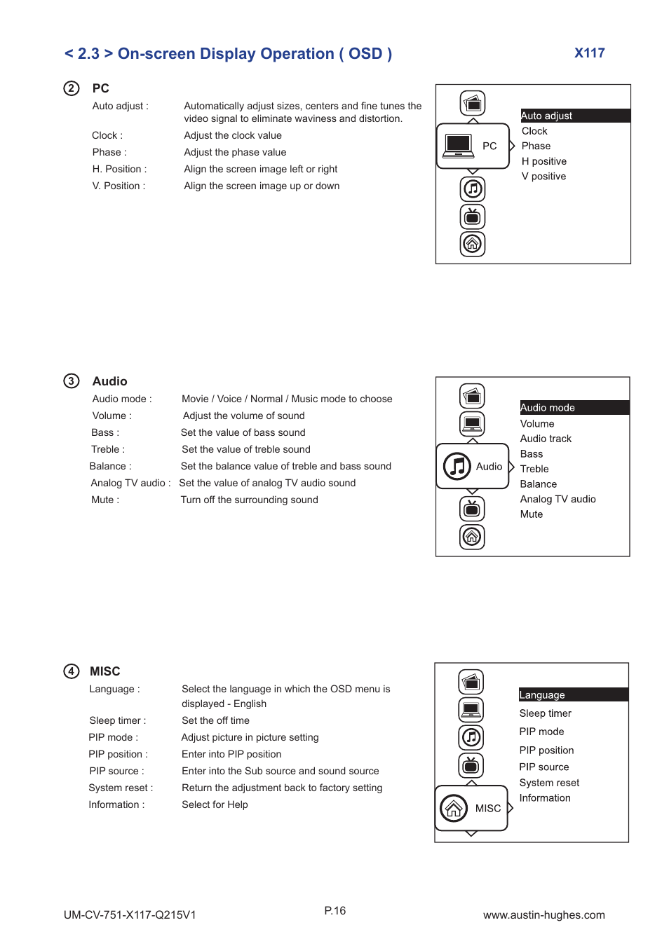 3 > on-screen display operation ( osd ), X117 | Austin Hughes X117 User Manual | Page 21 / 28