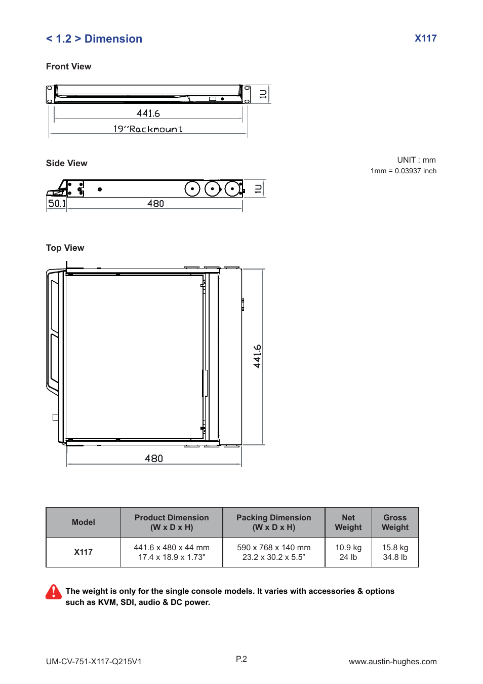 2 > dimension | Austin Hughes X117 User Manual | Page 7 / 28