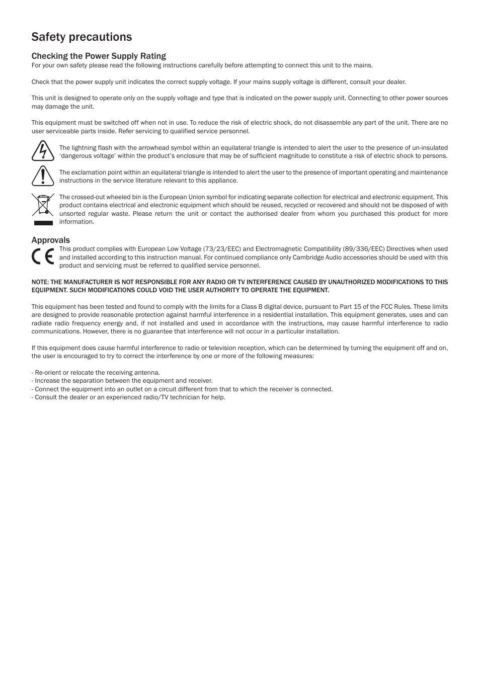 Safety precautions, Checking the power supply rating, Approvals | Cambridge Audio ID10 User Manual | Page 2 / 8
