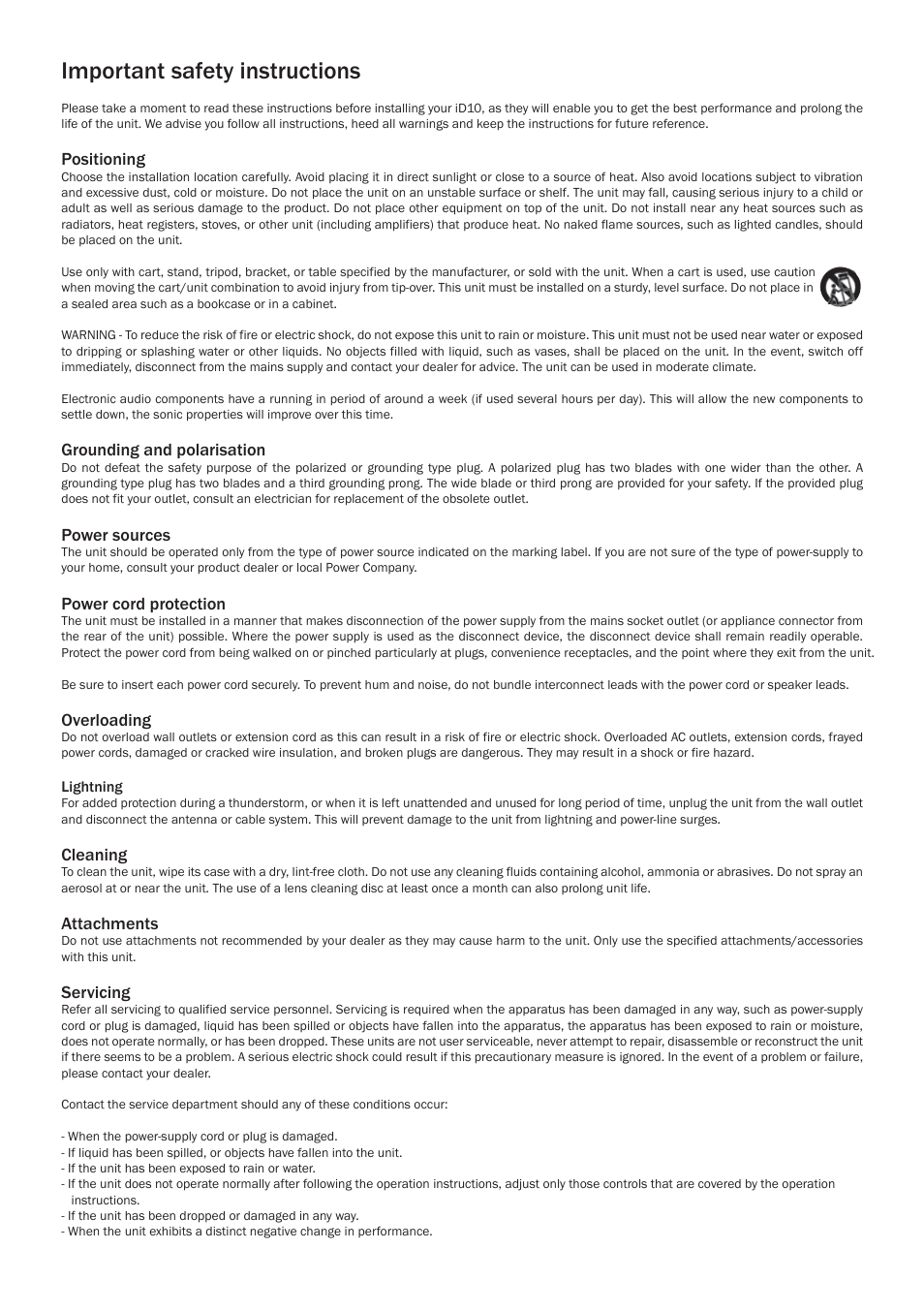 Important safety instructions, Positioning, Grounding and polarisation | Power sources, Power cord protection, Overloading, Cleaning, Attachments, Servicing | Cambridge Audio ID10 User Manual | Page 3 / 8